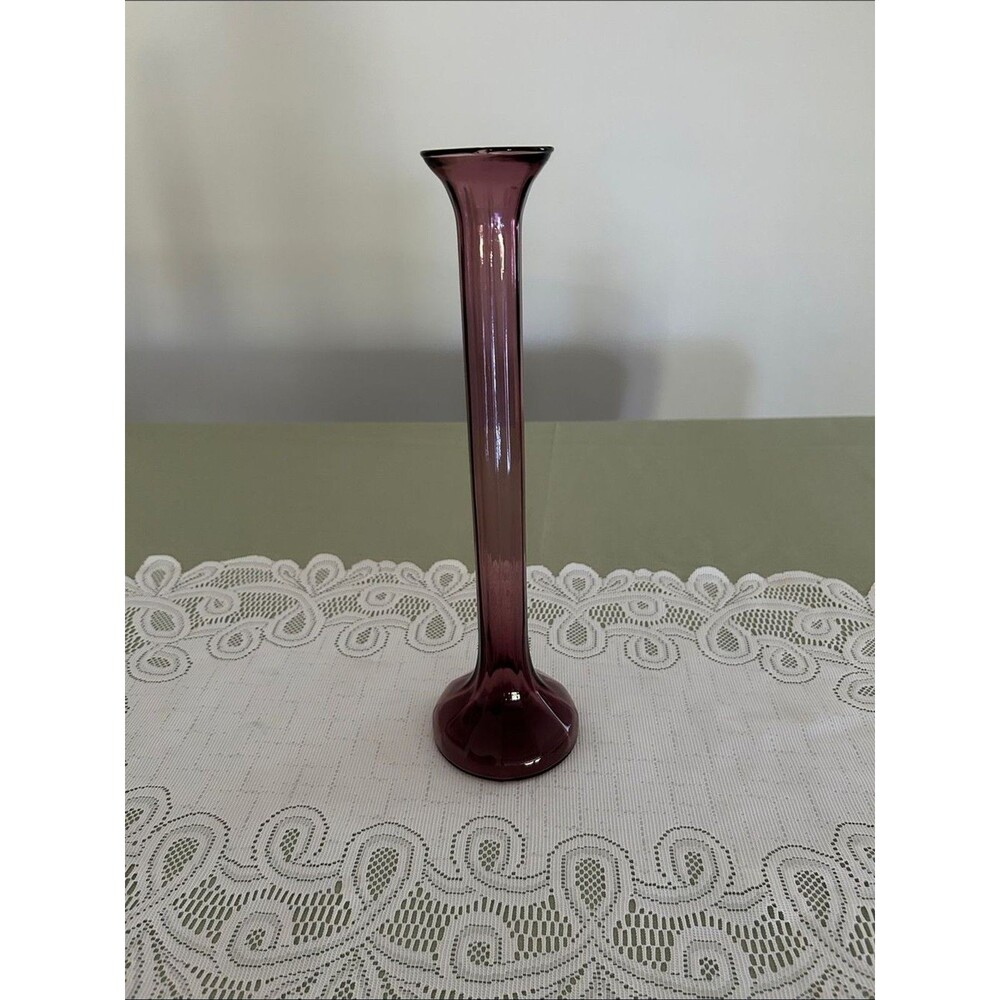 Vtg Amethyst Ribbed Art Glass Bud Vase 12 in high,  round base. - Picture 1 of 5